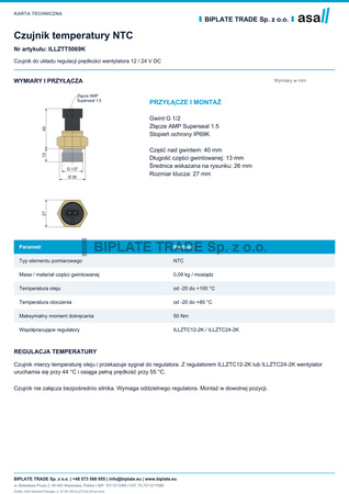 Czujnik temperatury NTC, G 1/2, ASA Hydraulik, ILLZTT5069K