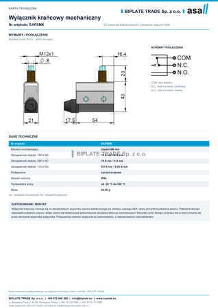 Wyłącznik krańcowy mechaniczny do zaworów kołnierzowych, IP64, ASA Hydraulik, EAFSMK