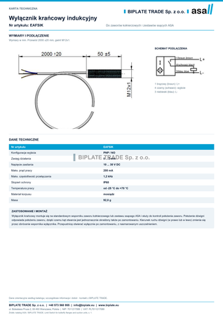 Wyłącznik krańcowy indukcyjny PNP/NO, 10-30 V DC, IP68, ASA Hydraulik, EAFSIK