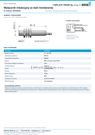 Wyłącznik indukcyjny ze stali nierdzewnej PNP/NO, 10-30 V DC, IP68, ASA Hydraulik, EAFSISSK